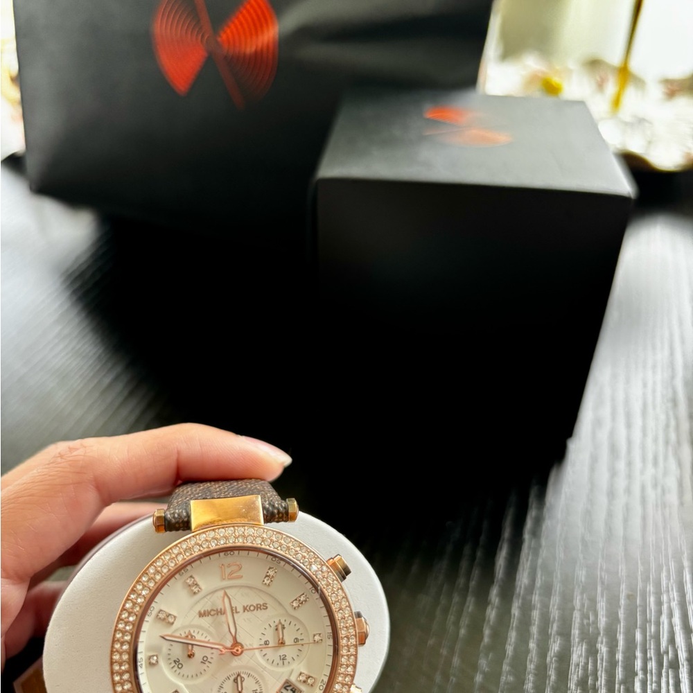 Michael Kors Rose Gold and Brown Strap Crystal-Accent Women's Watch